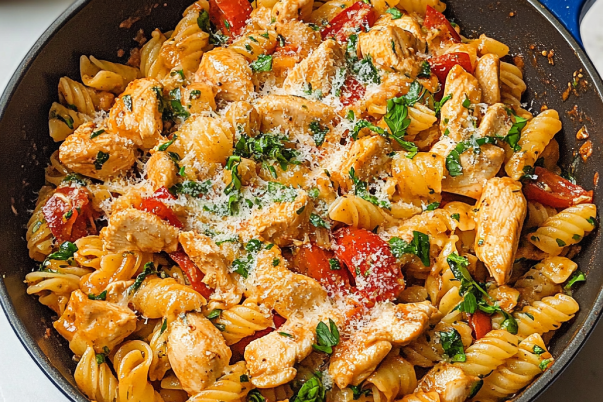 A close-up shot of creamy Marry Me Chicken Pasta in a skillet, showcasing the delicious chicken and pasta.