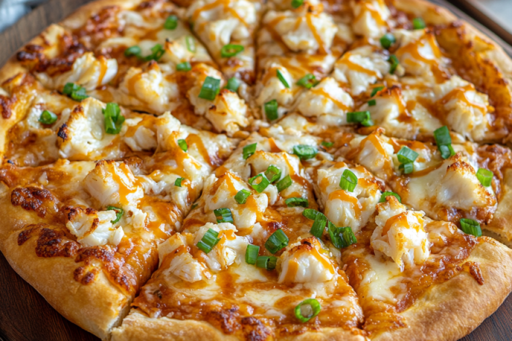 Freshly baked Crab Rangoon Pizza on a wooden pizza board, featuring a golden, crispy crust, creamy crab filling, and garnished with green onions and sweet chili sauce, ready to be served.
