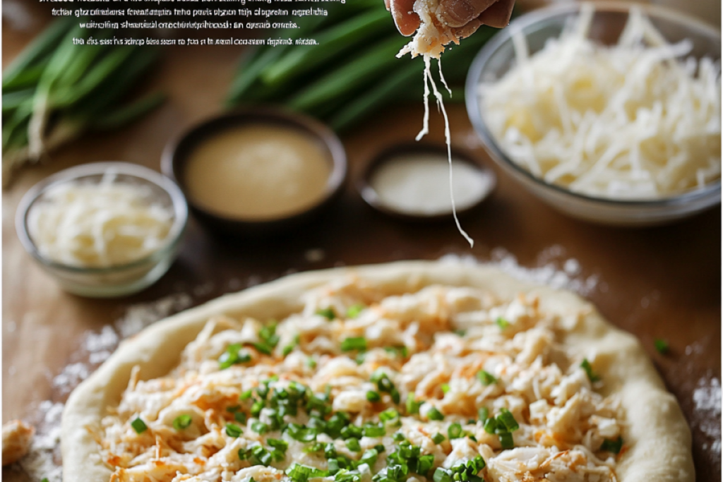 Step-by-step process of preparing Crab Rangoon Pizza, with cream cheese and crab mixture being spread on pizza dough, topped with crab meat and green onions, showcasing the ingredients and cooking tools.