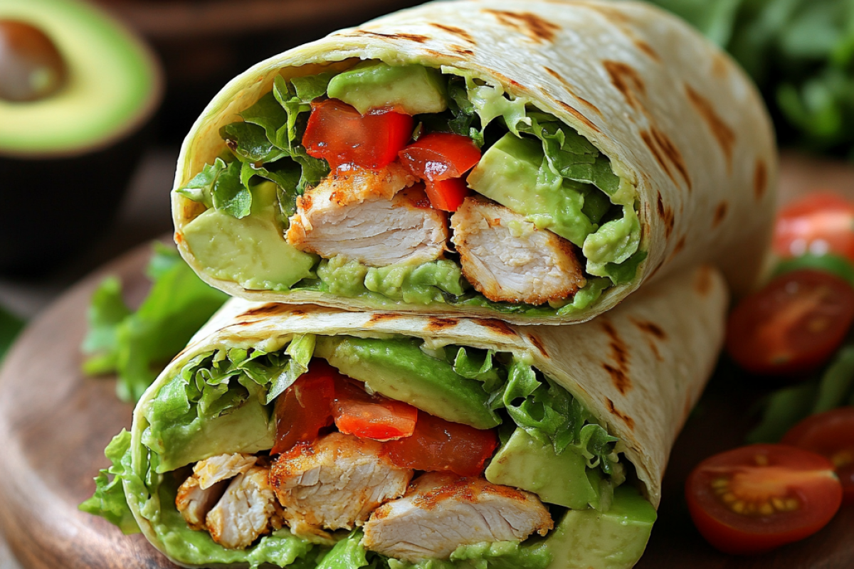 A delicious Chicken Avocado Ranch Wrap cut in half, revealing layers of grilled chicken, creamy avocado, crunchy lettuce, fresh tomatoes, and ranch dressing, with fresh ingredients like tomatoes and avocados in the background.