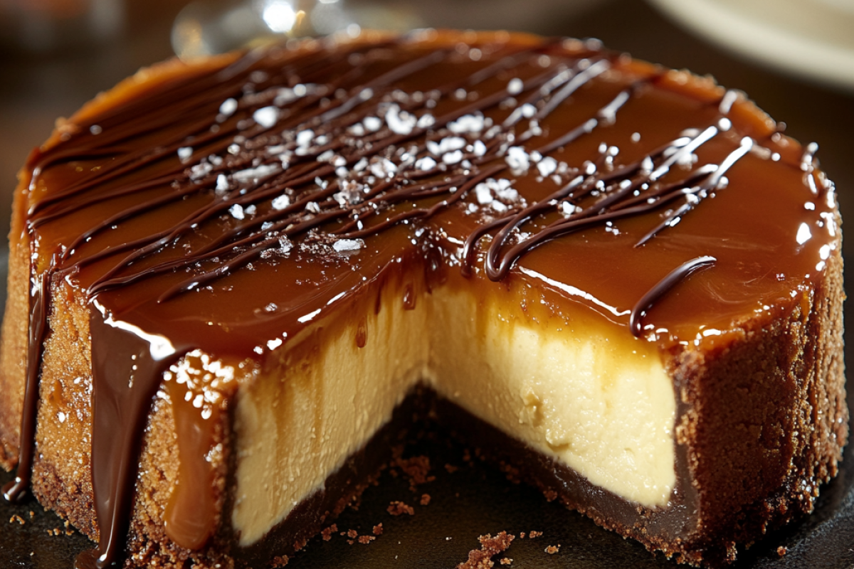 Millionaire’s Cheesecake topped with caramel sauce, ready to serve.