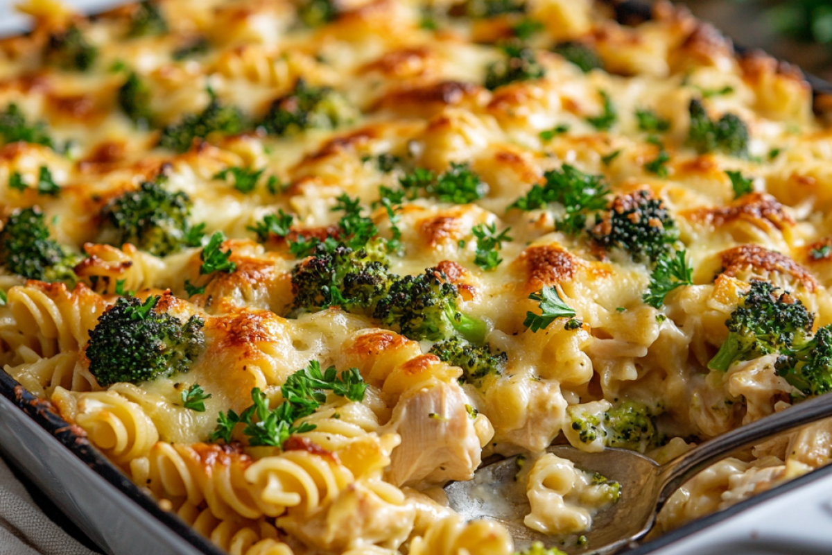 Freshly baked chicken broccoli pasta casserole in a dish, golden and bubbly with parsley garnish.