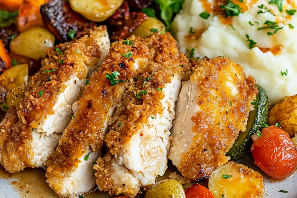 A plated dish of Longhorn Parmesan Crusted Chicken served with roasted vegetables, mashed potatoes, and a light salad, showcasing the complete comforting meal.
