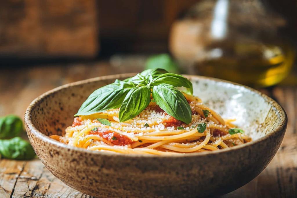 A bowl of classic marinara pasta recipe topped with Parmesan and basil