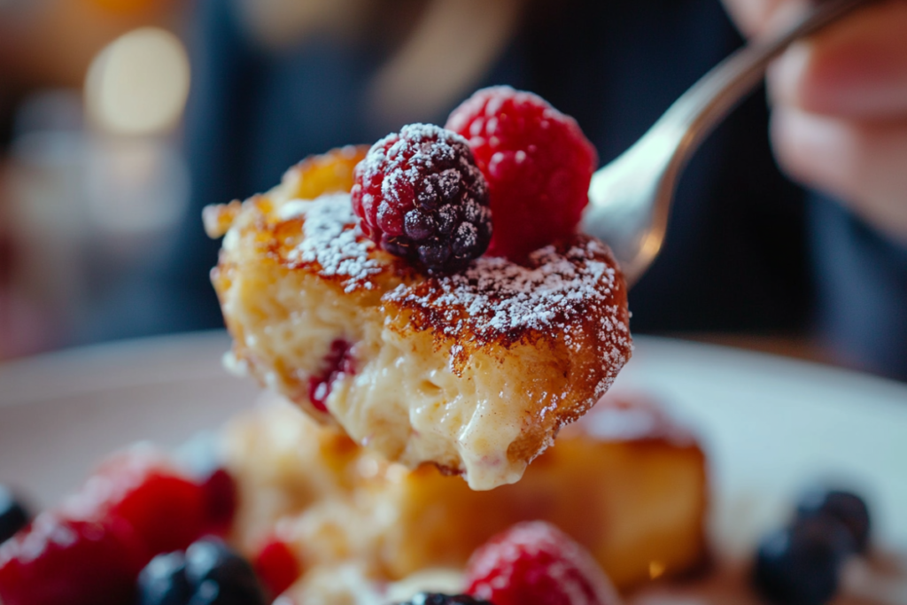 A close up image of a person enjoying Creme Brulee - Crème Brûlée French Toast Recipe: A Decadent Twist on a Classic Favorite