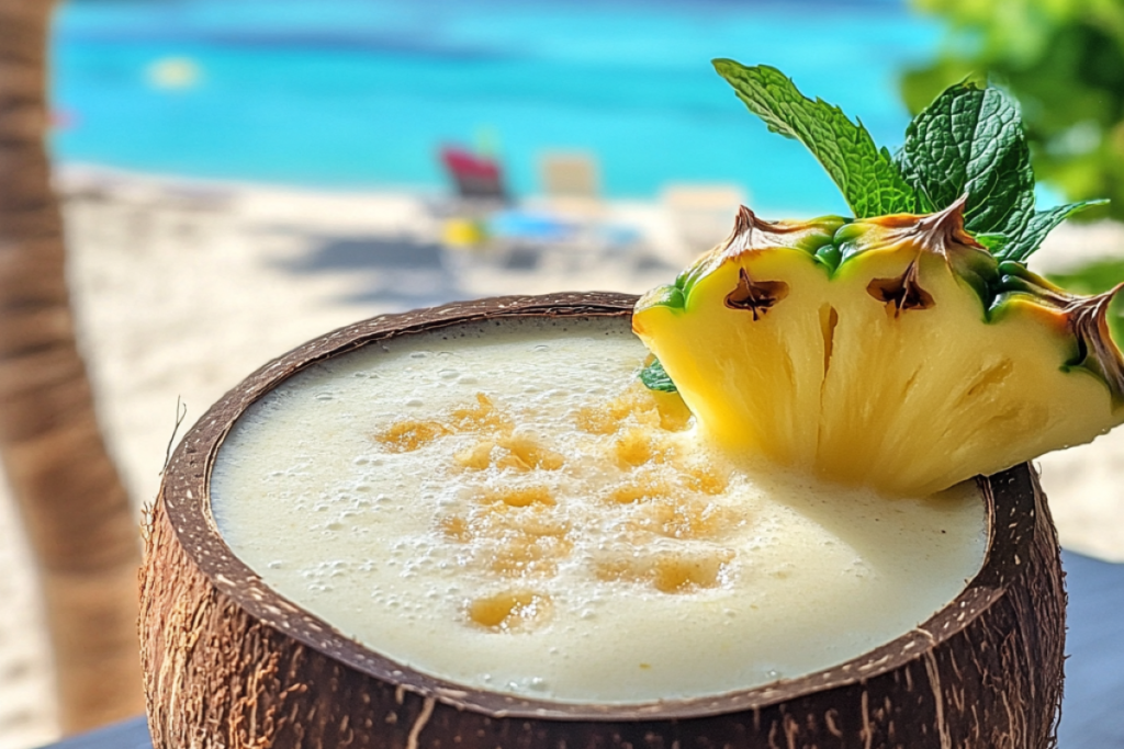 A Bahama Mama Tropical Smoothie served in a coconut shell, garnished with a slice of pineapple and mint, placed on a sunny beach with a tropical backdrop.