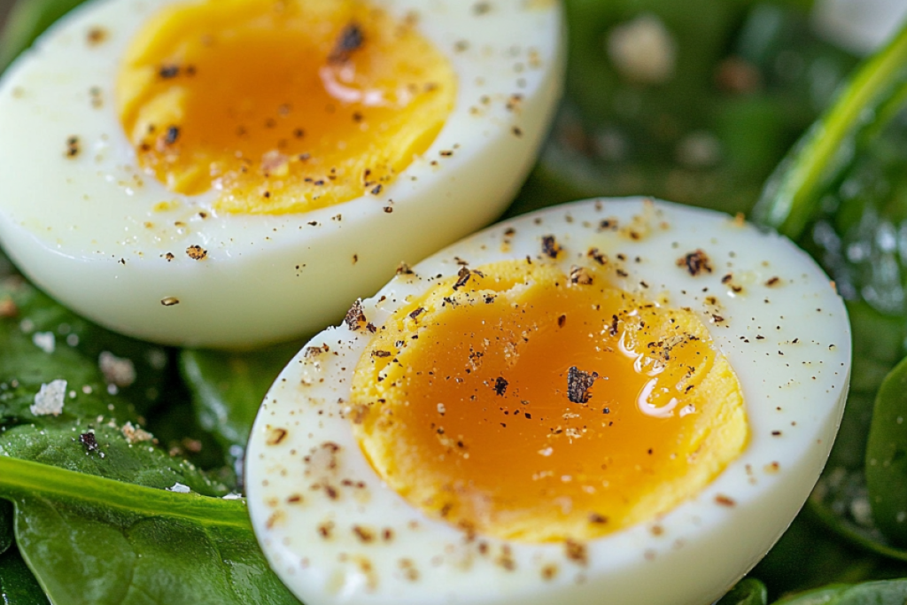 Close-up of sliced boiled eggs on a bed of sautéed spinach, lightly seasoned with salt, pepper, and garlic, showcasing a nutritious and delicious meal