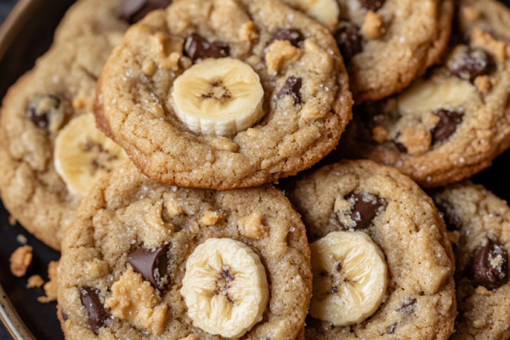 Freshly baked peanut butter banana cookies on a plate, showing their soft texture and natural sweetness, with a few crumbs scattered around for an appetizing look.