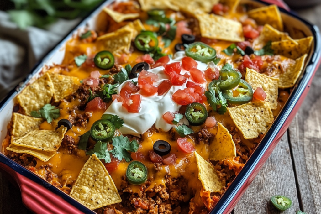 Walking Taco Casserole in a baking dish, with layers of taco meat, melted cheese, and crispy tortilla chips, garnished with cilantro, sour cream, and salsa on top.