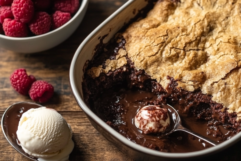 Delicious chocolate cobbler with gooey center, served with vanilla ice cream and fresh raspberries