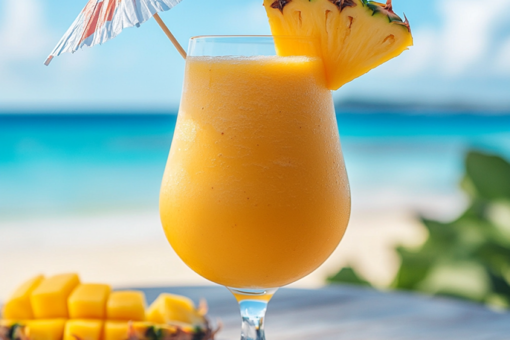 A refreshing Bahama Mama Tropical Smoothie served in a tall glass, garnished with pineapple and mango slices, with a paper umbrella on a beach table with the ocean in the background.