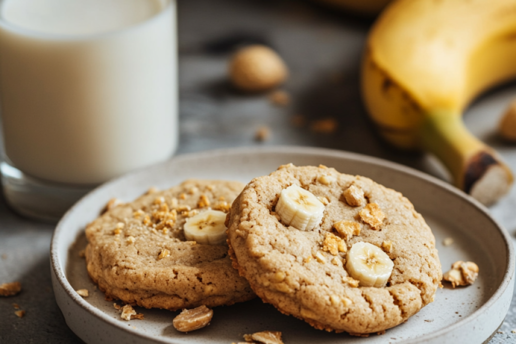 Healthy snack setup with peanut butter banana cookies on a plate, a glass of milk, and a banana, illustrating the nutritious ingredients and wholesome appeal of the treat.