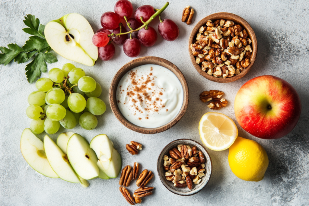 A neatly organized flat lay of ingredients for app - Apple Grape Salad: A Refreshing, Healthy Delight for Every Occasion