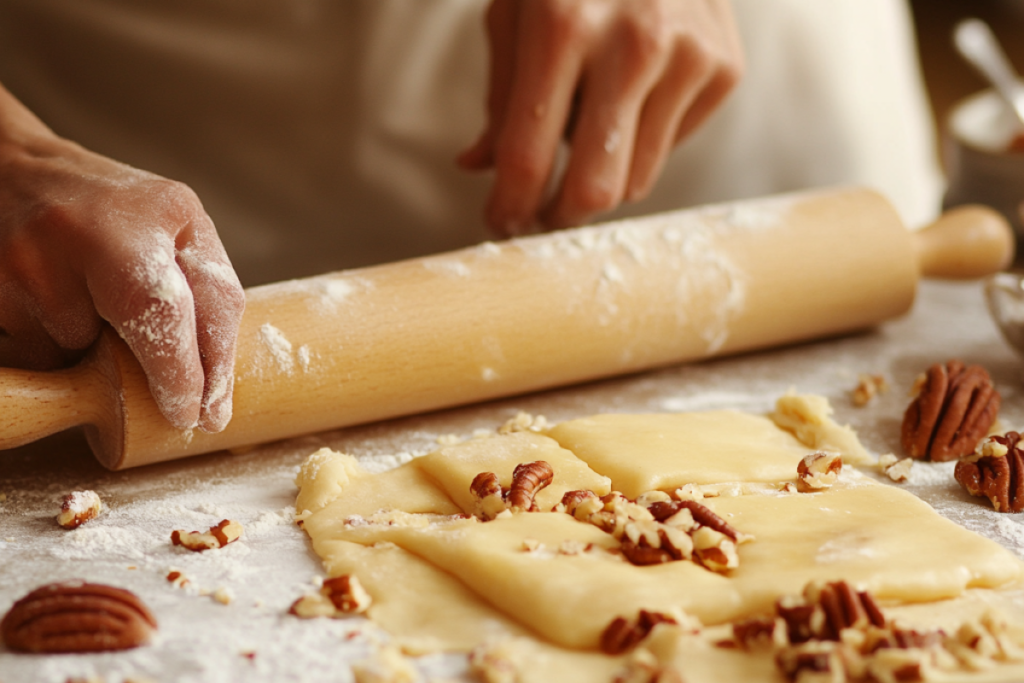 A person rolling out golden, flaky puff pastry dough on a floured surface with a rolling pin, preparing to fill it with maple syrup and pecan filling.