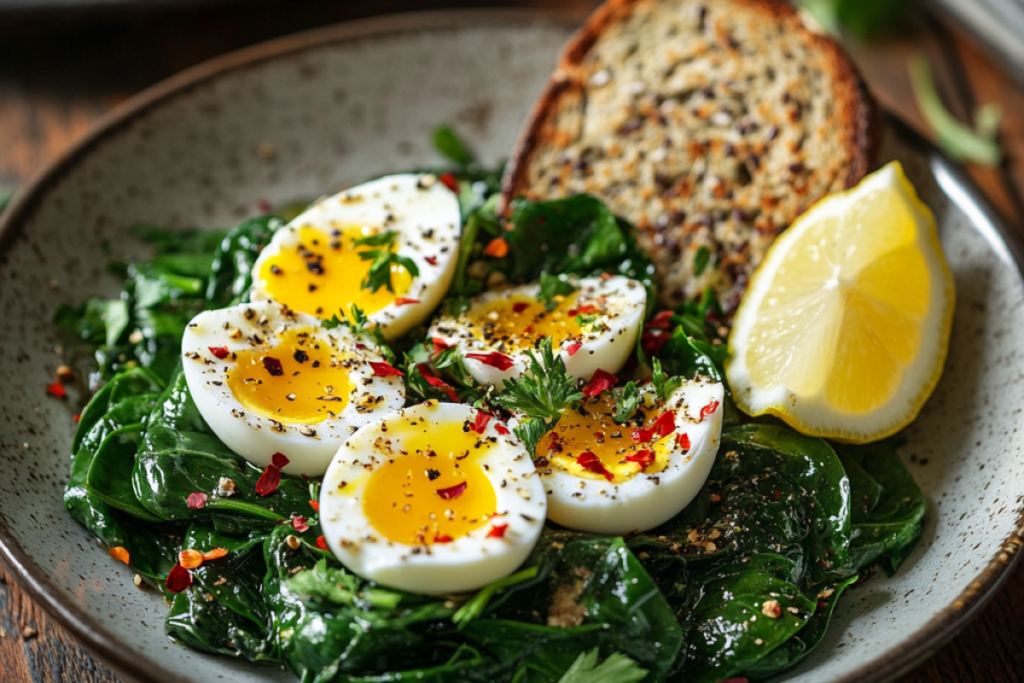 Healthy spinach with boiled eggs, topped with red pepper flakes and served with whole-grain toast and a lemon wedge on a rustic wooden table.