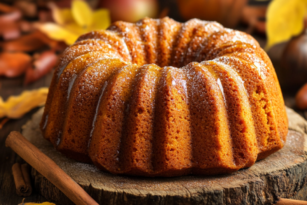 Banner showcasing a golden-brown sweet potato pound cake with autumn leaves and cinnamon sticks, featuring the text 'Delicious Sweet Potato Pound Cake Recipe'.