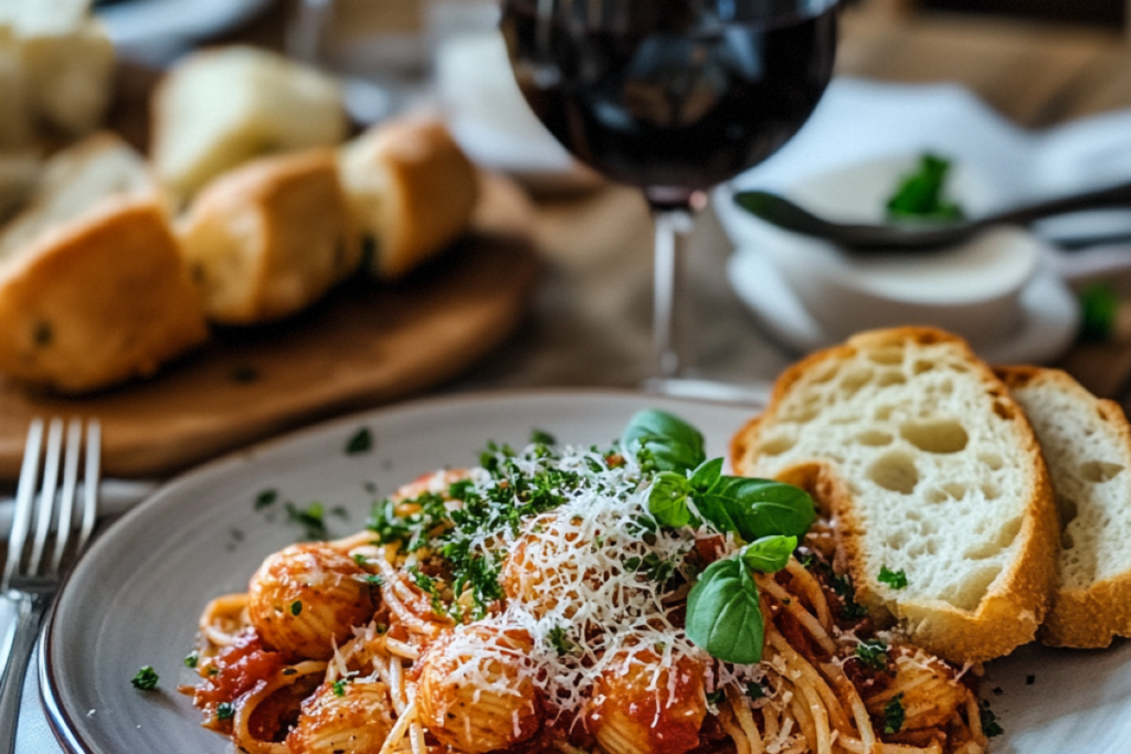 Wide shot of an Italian dinner table with marinara pasta, garlic bread, and a glass of red wine.