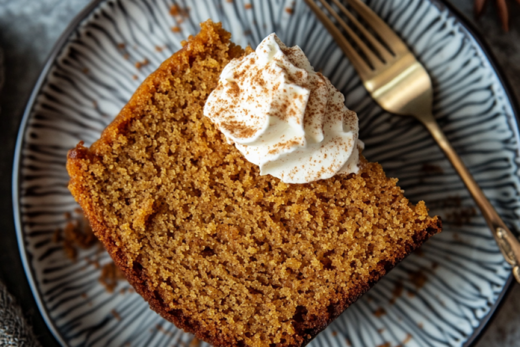 Slice of sweet potato pound cake placed on a small white plate, decorated with cinnamon sticks and pumpkins in the background