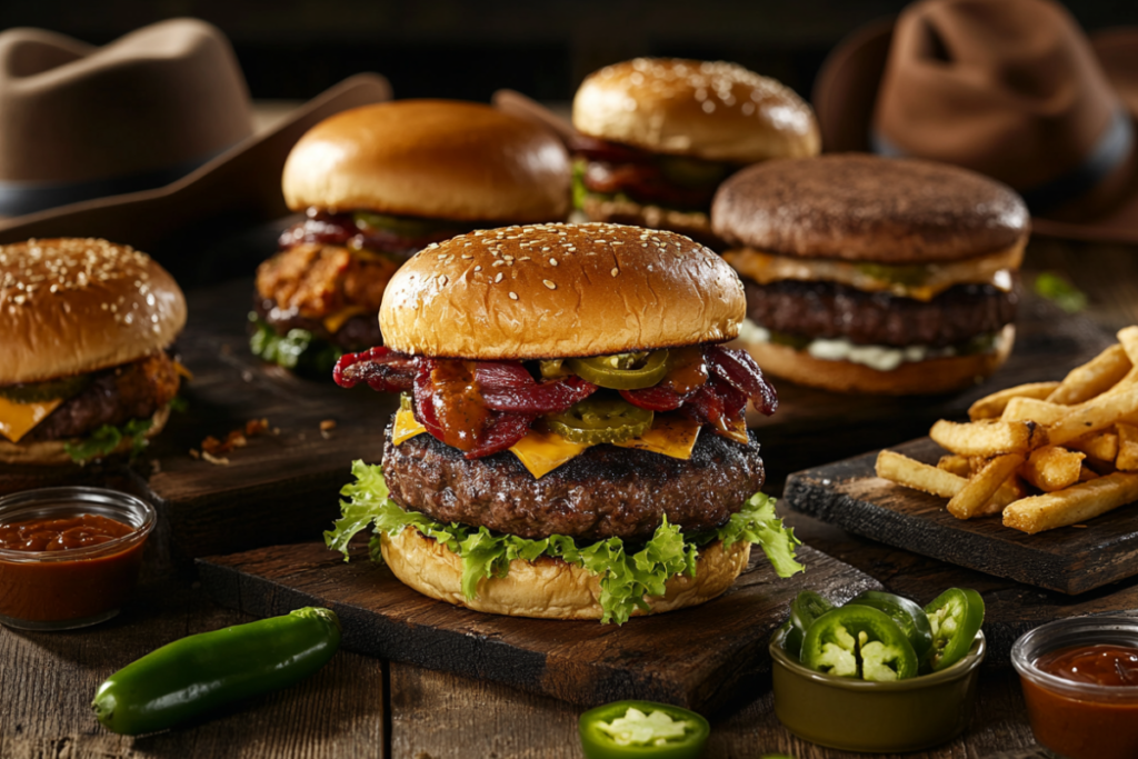 Variety of BBQ burgers including the Rodeo Burger