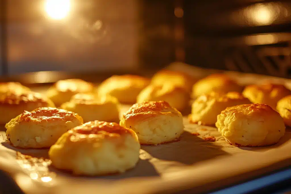 Cheesy Mashed Potato Puffs baking to golden perfection in the oven.