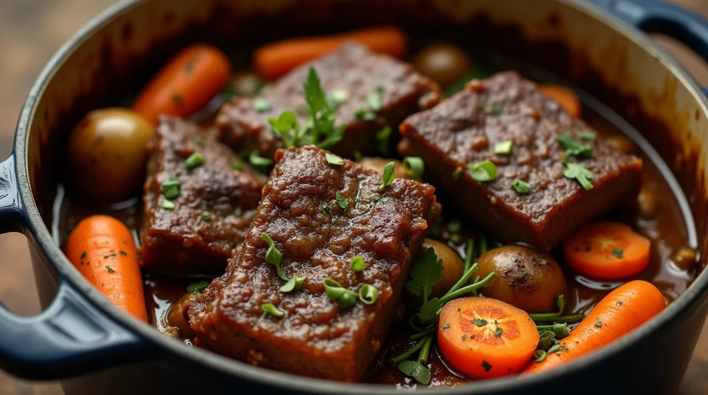 Dutch oven with braised beef short ribs and aromatic vegetables.
