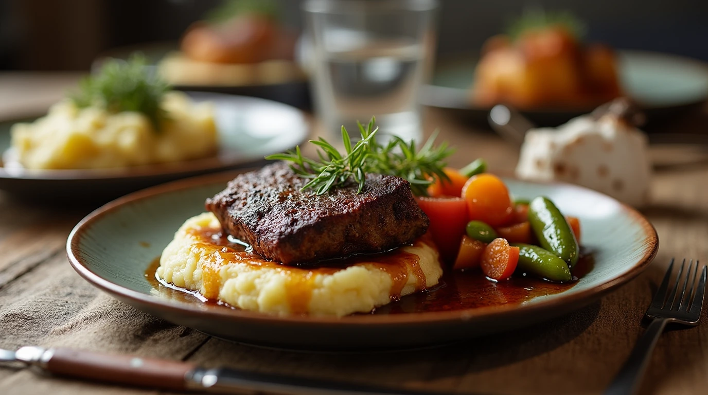 Slow-braised beef short ribs with mashed potatoes and roasted vegetables.