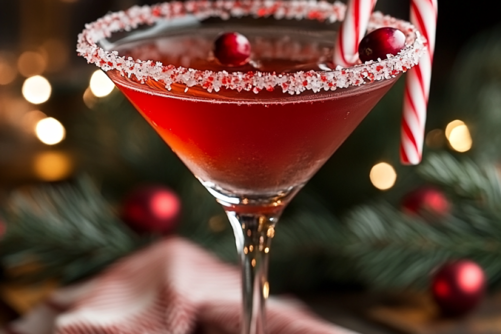 Candy Cane Martini with crushed candy cane rim and cranberry garnish.
