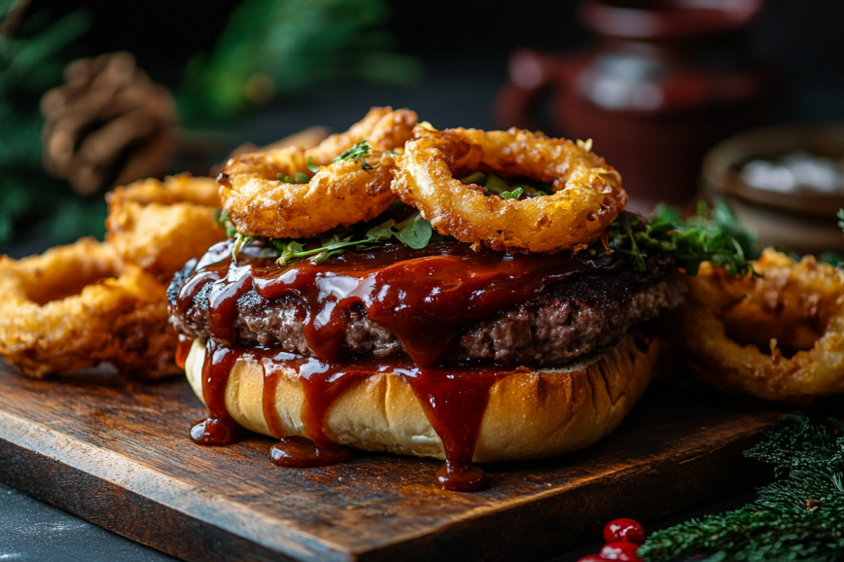 Rodeo Burger with onion rings and BBQ sauce on a wooden board