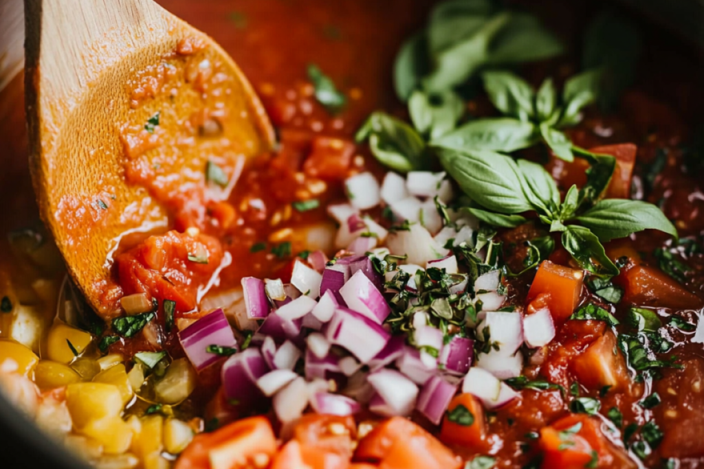 Close-up of homemade marinara sauce simmering in a saucepan with tomatoes, garlic, onions, and herbs, being stirred with a wooden spoon