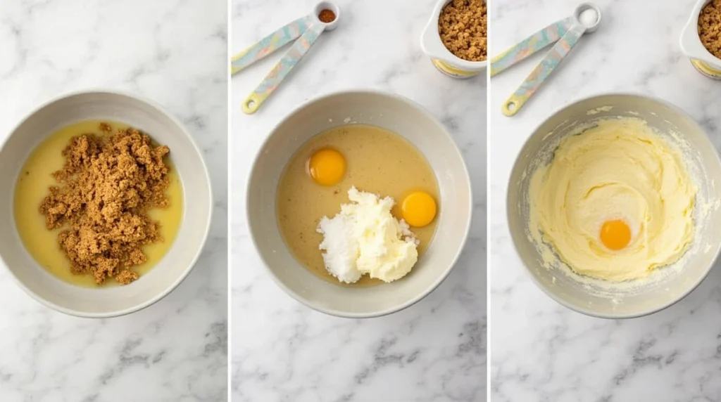 Mixing bowl with creamed Crisco, sugar, and eggs for cookie dough.