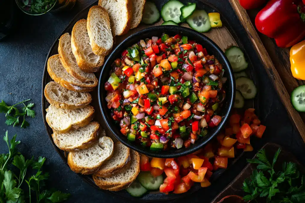Serving Bruschetta Dip with bread and fresh veggies