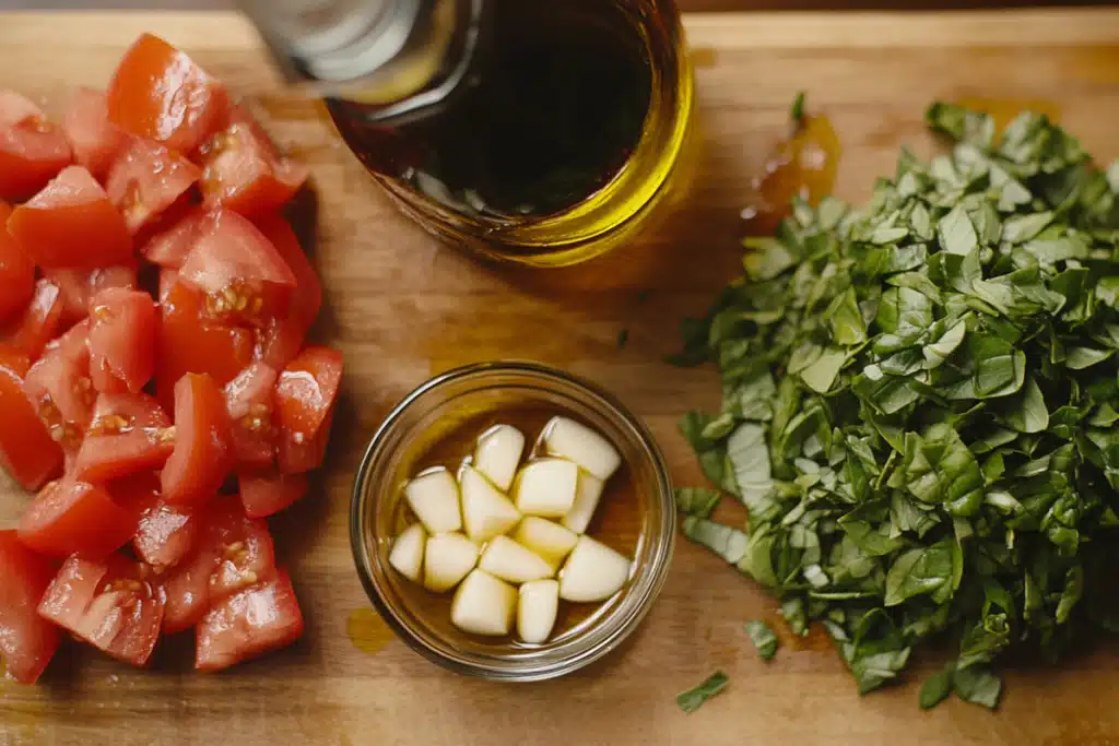 Ingredients for making Bruschetta Dip on a cutting board