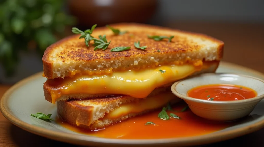 Golden grilled cheese sandwich with wheat bread and tomato soup
