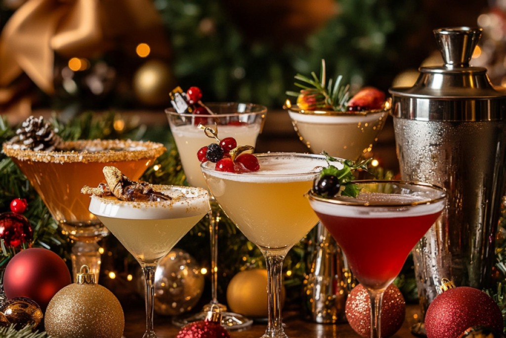 Martini bar setup with festive garnished Christmas Martinis.