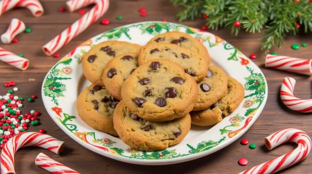 Holiday-themed Crisco chocolate chip cookies with sprinkles.
