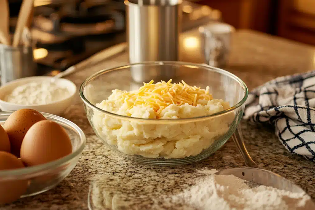 Ingredients for making Cheesy Mashed Potato Puffs neatly arranged.