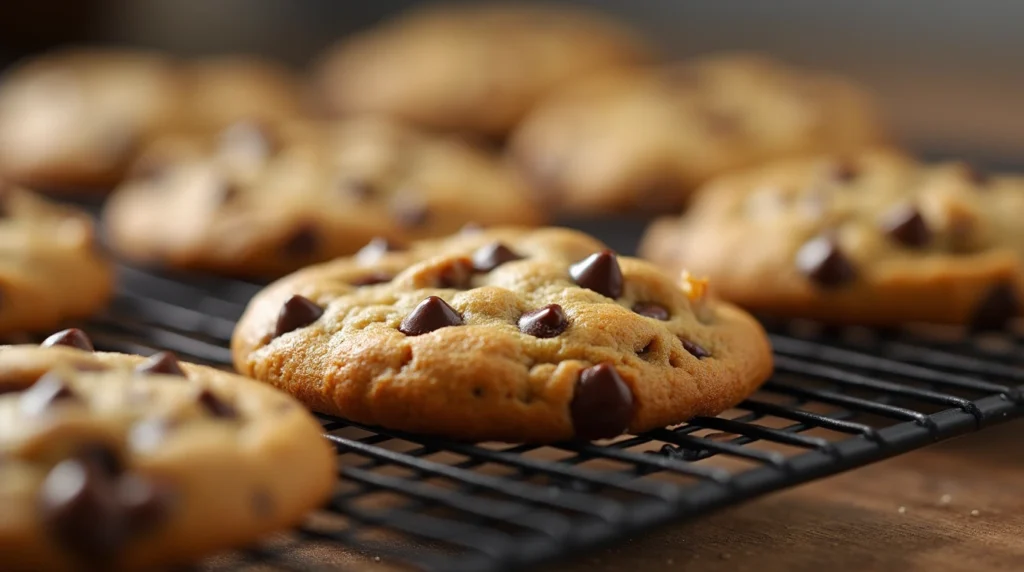 Freshly baked Crisco chocolate chip cookies on a cooling rack.