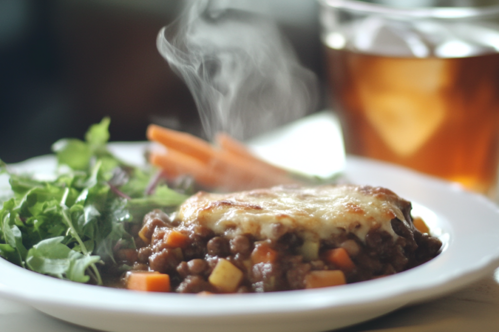 A plated serving of Poor Man Husband Casserole with salad.