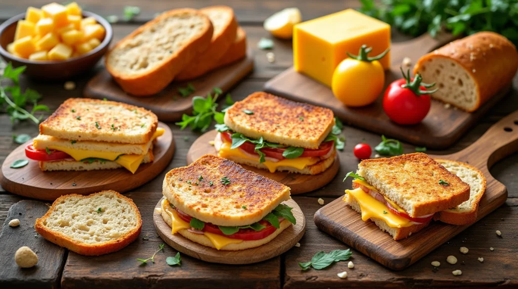 Variety of recipes with wheat bread and cheese on a rustic table