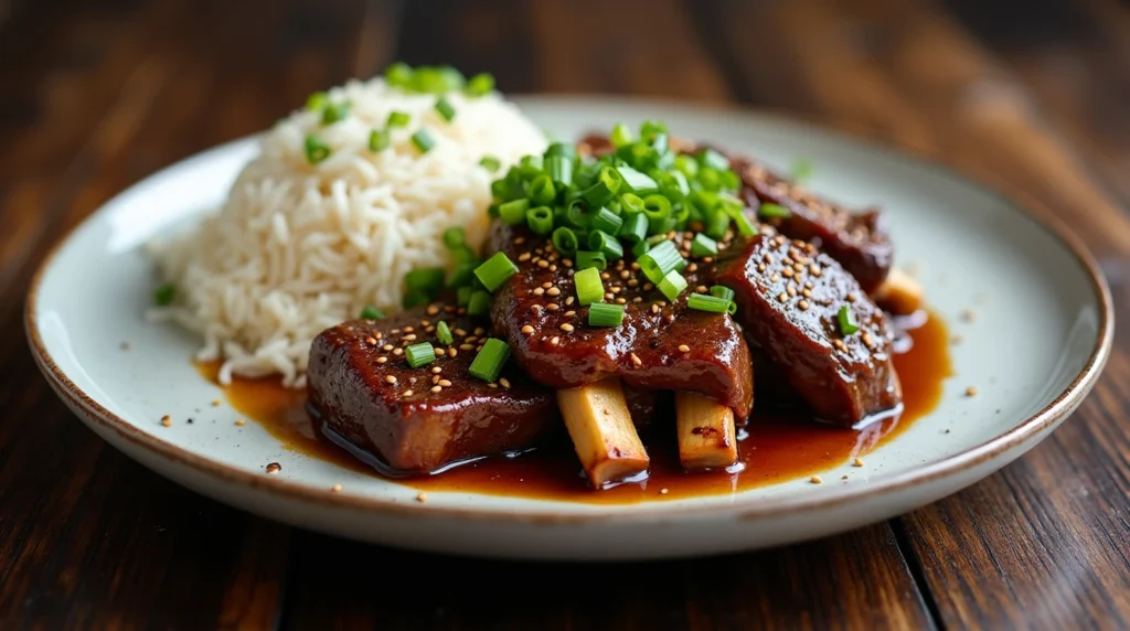 Asian-style soy and ginger beef short ribs with jasmine rice.