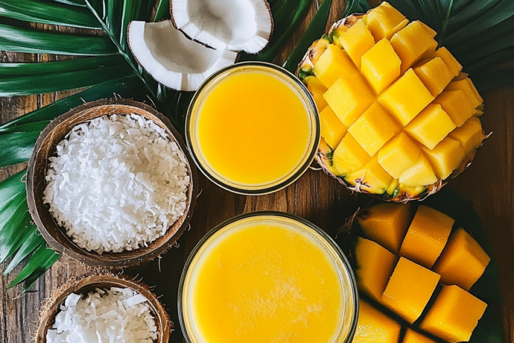 A colorful arrangement of Bahama Mama Tropical Smoothie ingredients—pineapples, mangoes, coconut, and orange juice—on a wooden table surrounded by tropical leaves.