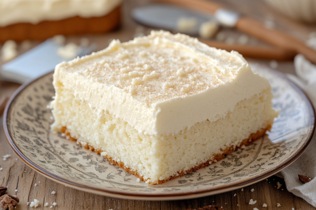 Slice of vanilla kefir sheet cake with cream cheese frosting
