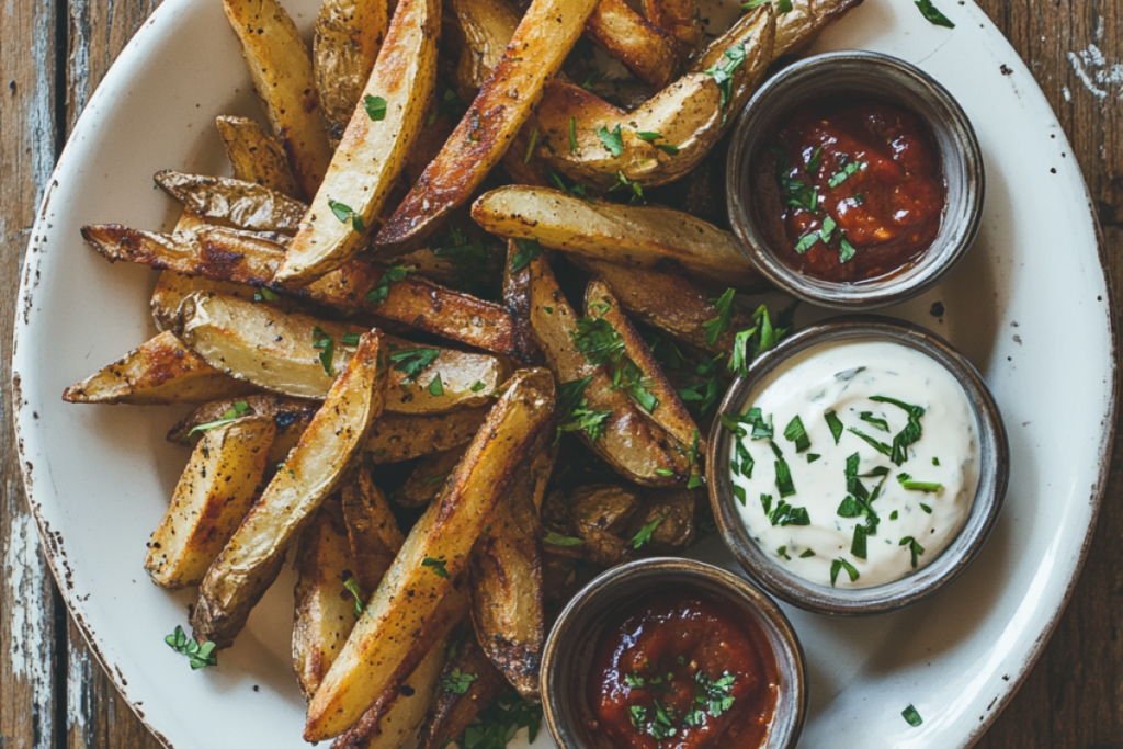 Homemade Cajun fries with dipping sauces and fresh herbs on a plate.