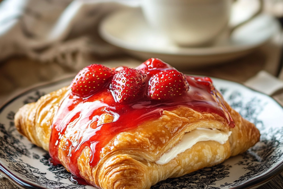 Freshly baked strawberry Danish with cream cheese and strawberry topping.