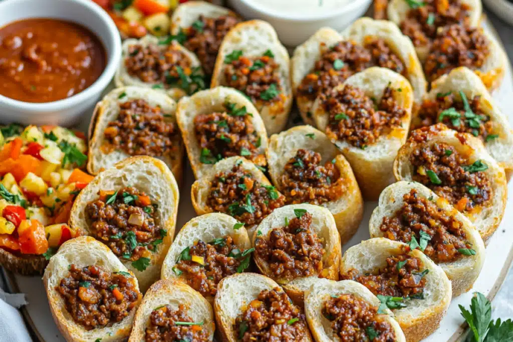 Sloppy Joe Garlic Bread appetizer platter with sauces.