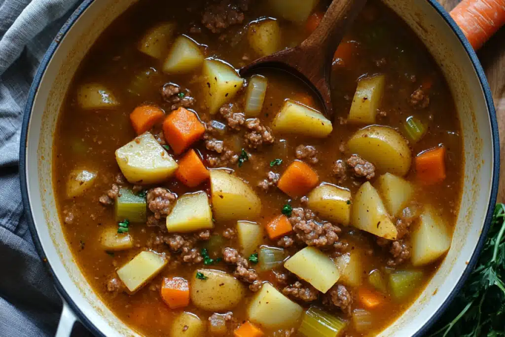 Hamburger Potato Soup simmering in a pot with fresh vegetables and ground beef.
