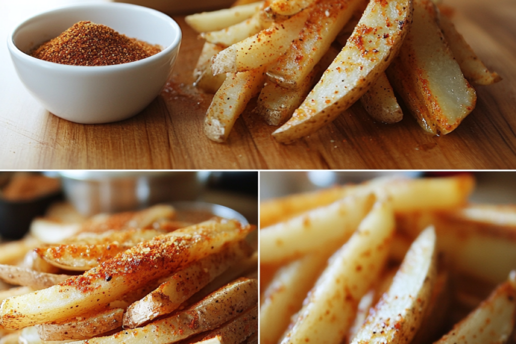 Step-by-step making of Cajun fries with potatoes, oil, and Cajun seasoning.