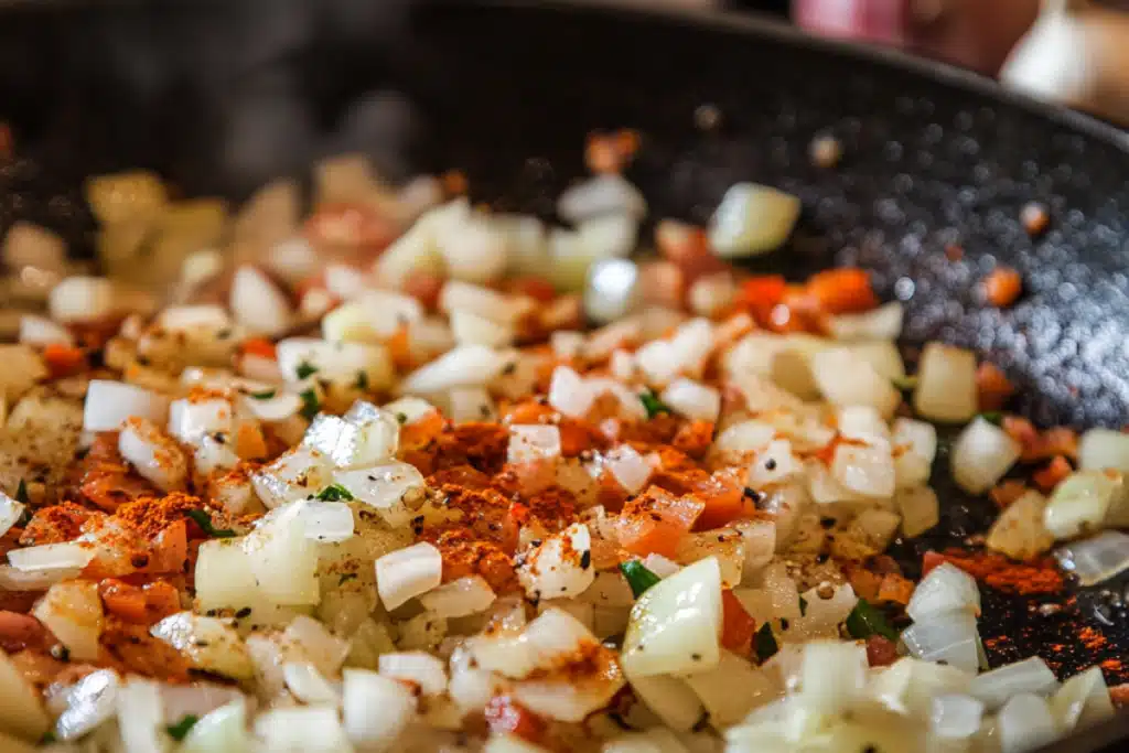 Sautéed onions in a skillet with paprika and garlic.