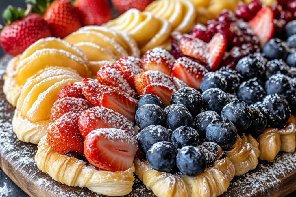 Tray of assorted fruit Danishes, including strawberry Danish, styled with fresh fruit and powdered sugar.