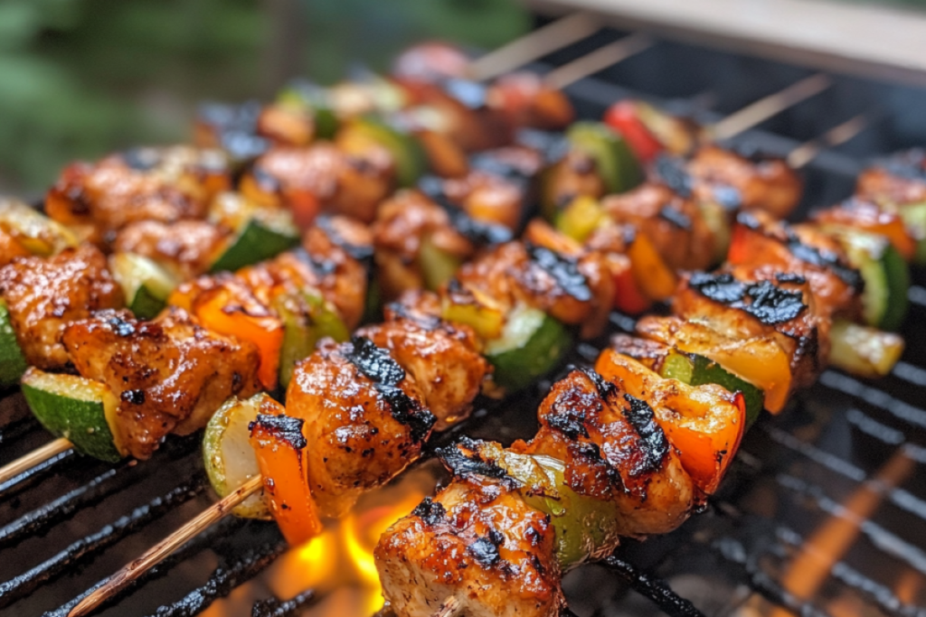 Bang Bang Chicken Skewers grilling over flames